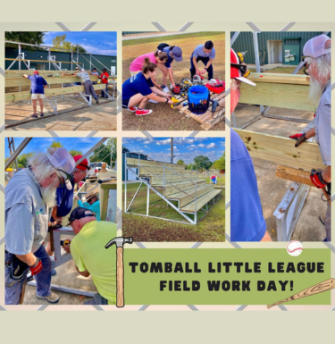 collage of volunteers working on restoring the bleaches at Tomball Little League Field