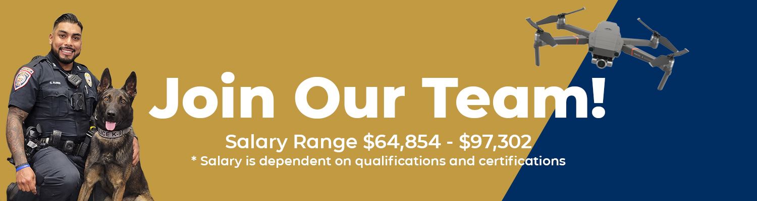 Join our team image with Officer Flores and K9 Princ. This is a hyperlink to the employment page.