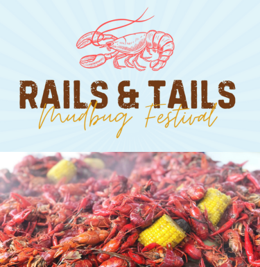 picture of crawfish and Rails and Tails Mudbug Festival logo