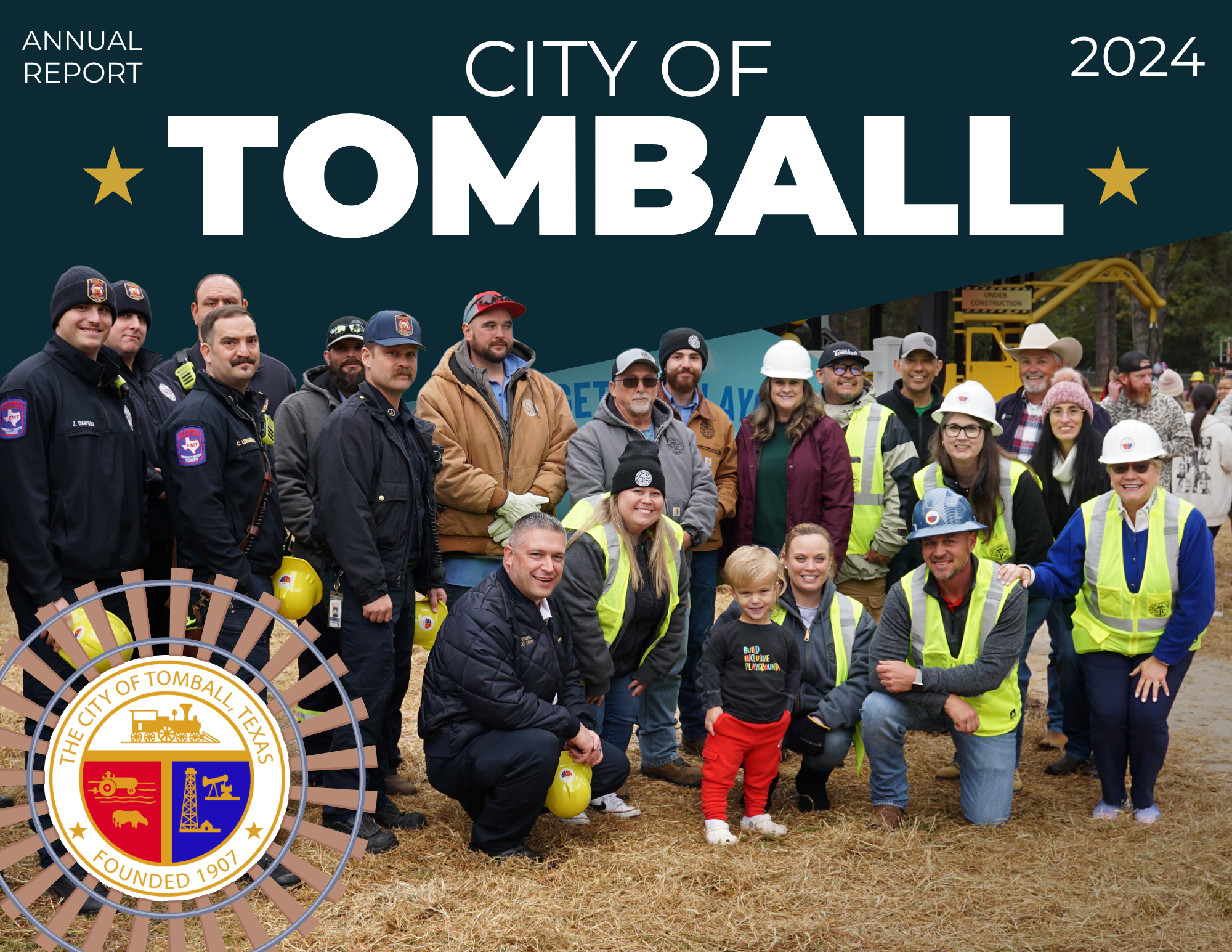 picture of Annual Report cover with city staff and Louie Munson